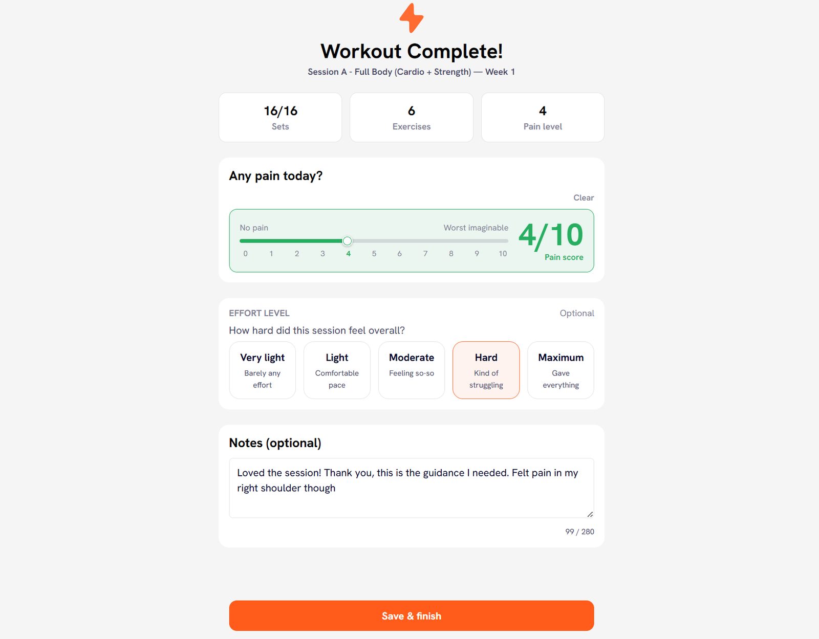 A completed GymEd session showing sets completed, a pain score and effort level